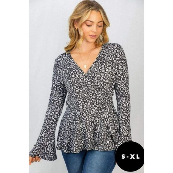 white birch Tops - SALE! WHITE BIRCH Black And White Ditzy Floral Legging Material Top T3569A1XL